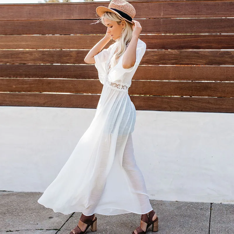 Women Beach Dress Swimwear Sexy Lace Bikini Cover Up Kaftan Swimming Suit Crochet Open Front Maxi White Long Kimono Coverup Cape 4