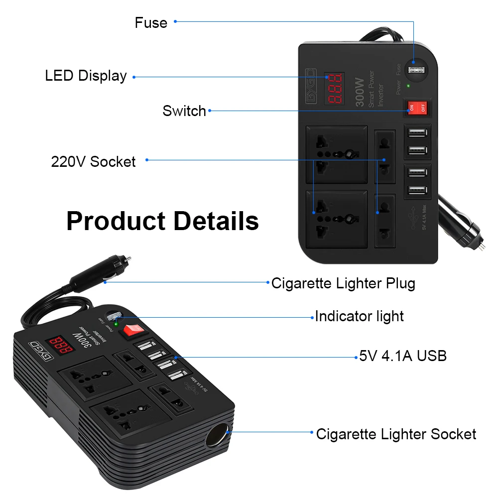 300W 자동차 전원 어댑터 시가 라이터 인버터 DC 12V AC 220V 변환기 USB 충전기 3.0 스위치 패널 자동차 액세서리