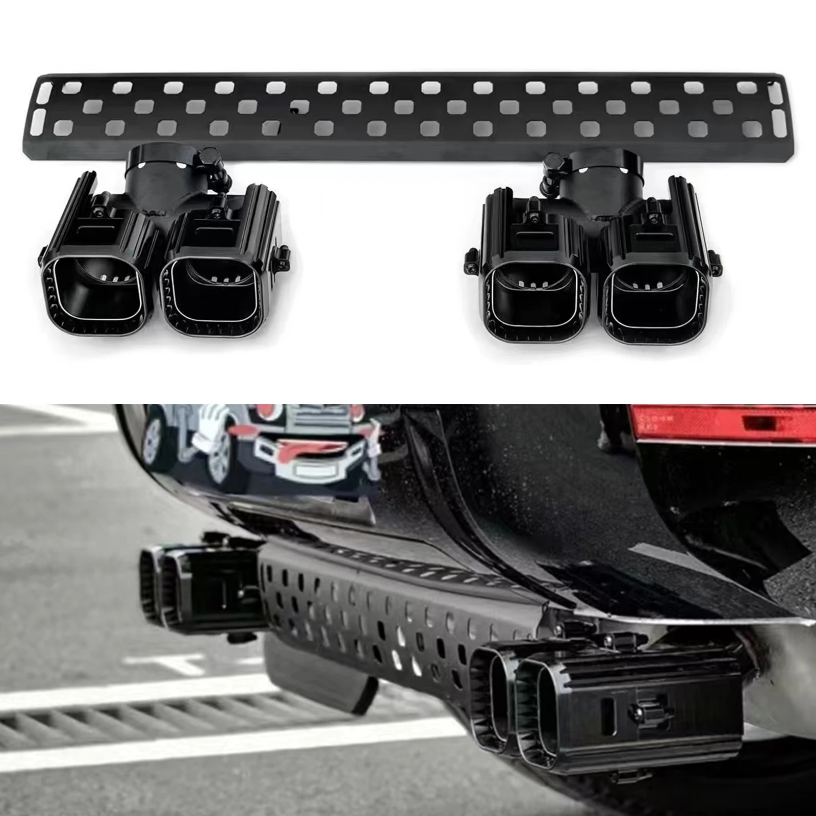 

For Land Rover Defender 90 110 130 2020-2024 Rear Bumper Diffuser Lower Guard Plate+Tailpipe Tail Muffler Pipe Quad Exhaust Tips