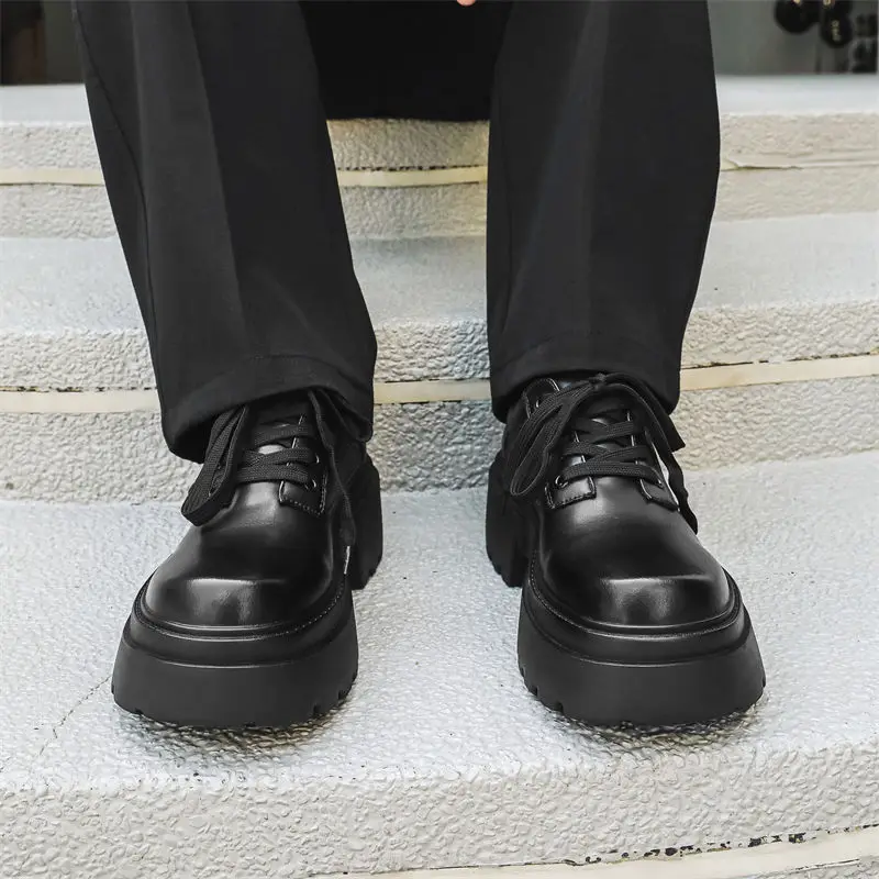 Square Head British Small Leather Heightened Thick-soled Men's Popular Muffin Bottom Formal Wear Business Casual Derby Shoes