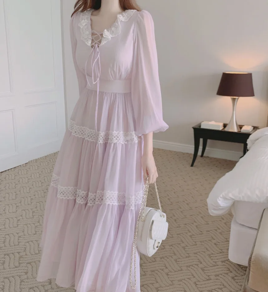 French Vintage Fairy Midi Dresses for Women Lantern Sleeve High Waist V-neck A-line Princess Party Dress Casual Female Vestidos