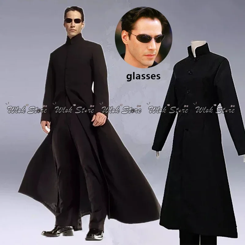 Matrix Cosplay Customised Black Coat Neo Cosplay Costume Trench Coat Women Men Halloween Cosplay Costume Glasses Accessoriies