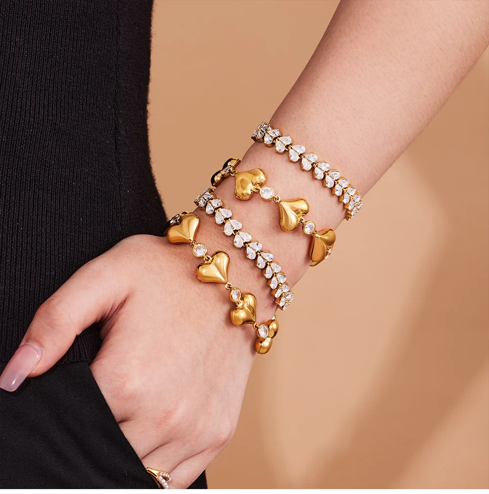 316 Edelstahl 18 Karat vergoldetes Armband Damen glänzendes herzförmiges Zirkon-Ketten-Handarmband Femme Luxus-Schmuck Geschenk – Detail 9