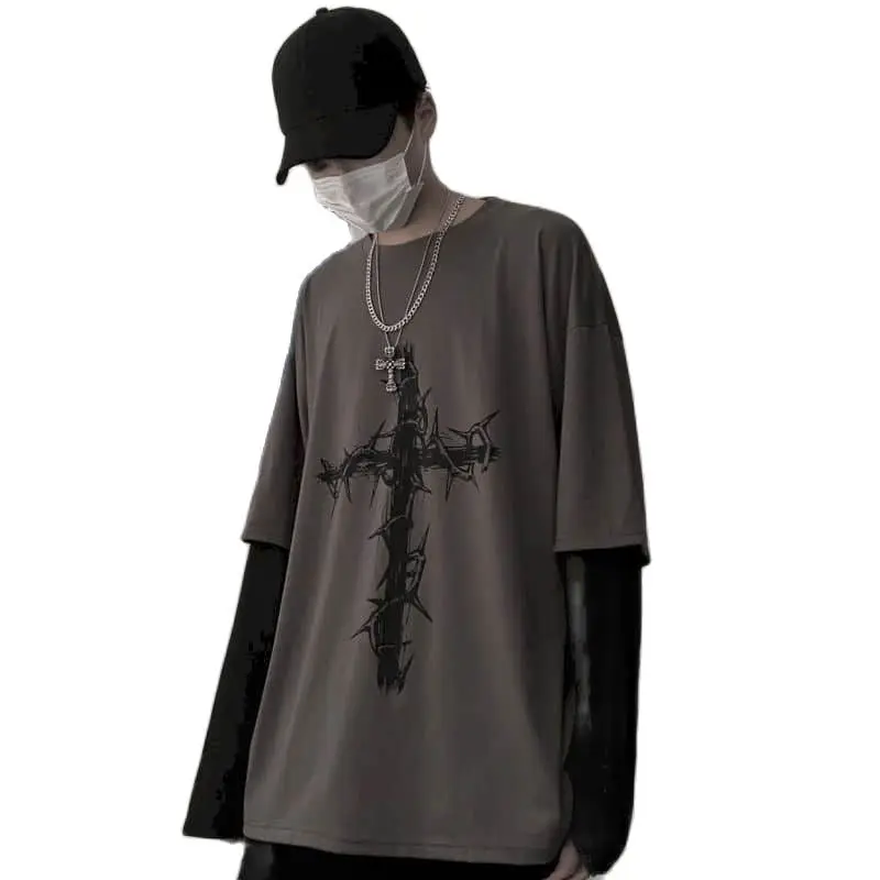 T-shirt Cross of Thorns Fake Two-piece Men Women Long-sleeved Dark