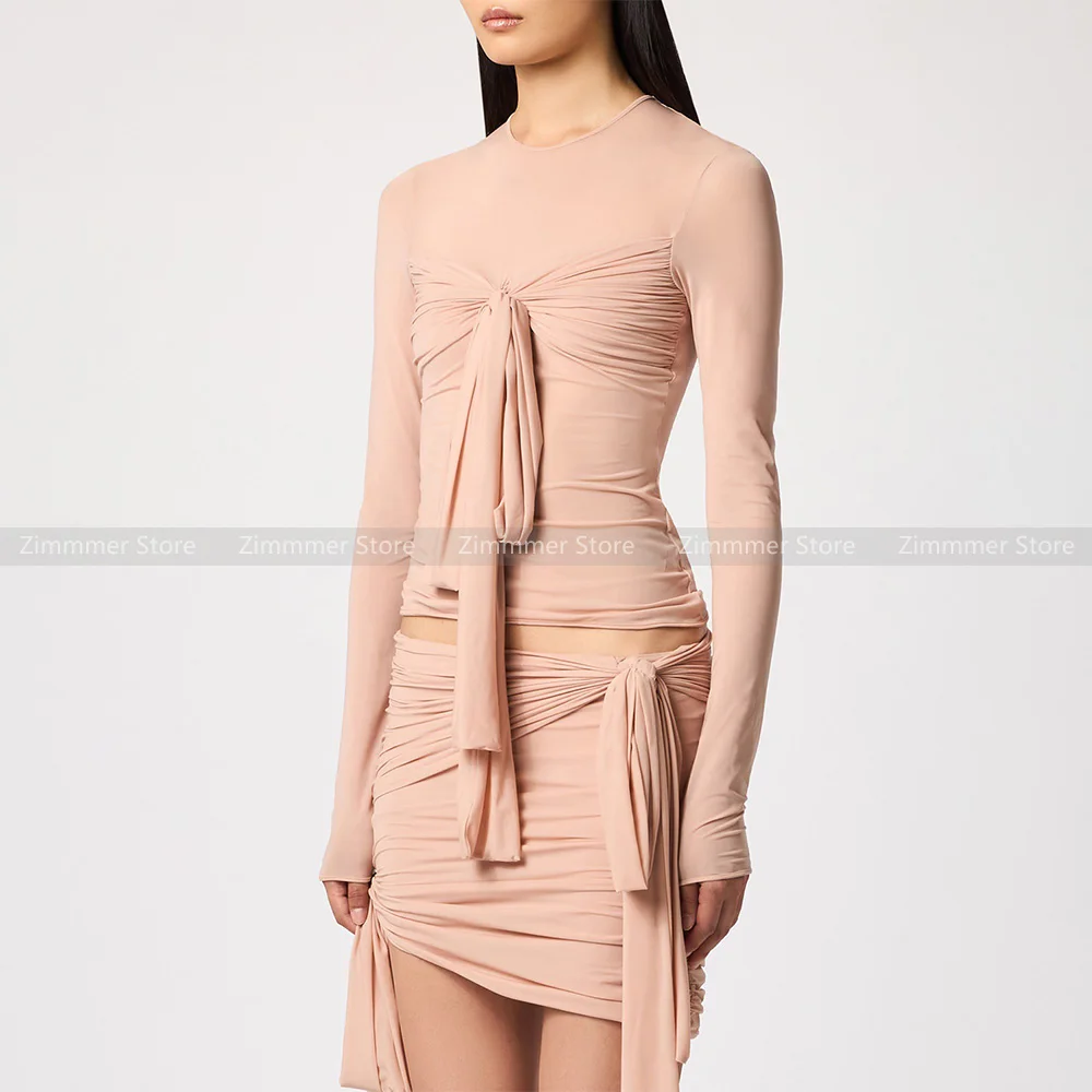 

Niche design sense tied long-sleeved t-shirt women 24 years new pleated knot wrap splicing Slim bottoming shirt