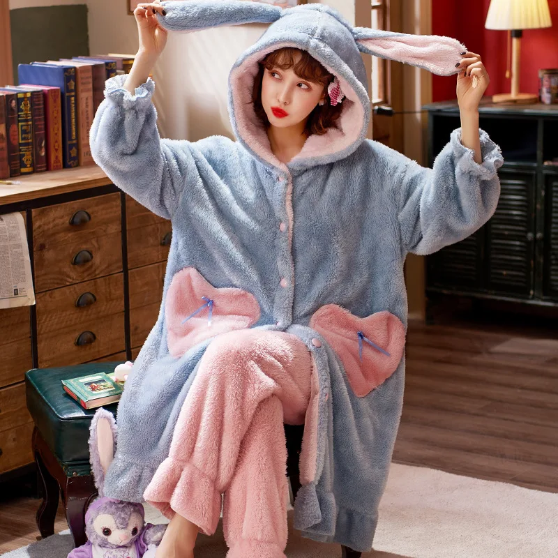 Winter Flannel Pajamas Sets For Women Cute Rabbit Ears Hooded Nightgown Thicken Warm Sleepwear Sweet Girls Pyjamas Sleep Dress