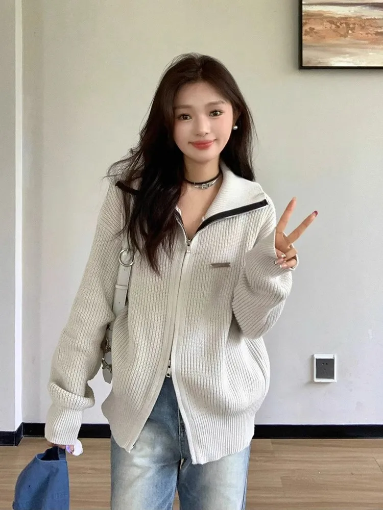 

HOUZHOU Korean Fashion Casual Zipper Knitted Cardigan Vintage Streetwear Design Loose Sweater Winter Jackets for Women 2023