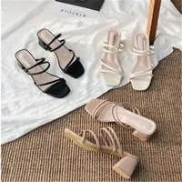 Sandales à talons carrés pour femmes, pantoufles d'été élégantes à l'extérieur, diapositives en cuir nouées en croix, à la mode, 2024 2