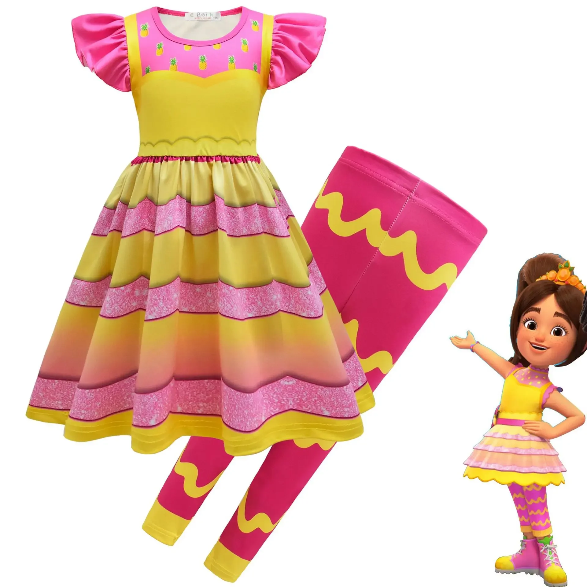 Kids Girls Anime Cartoon Princess Power Print Ruffle Dress Pants Set Outfit Christmas Role Play Halloween Cosplay Costume