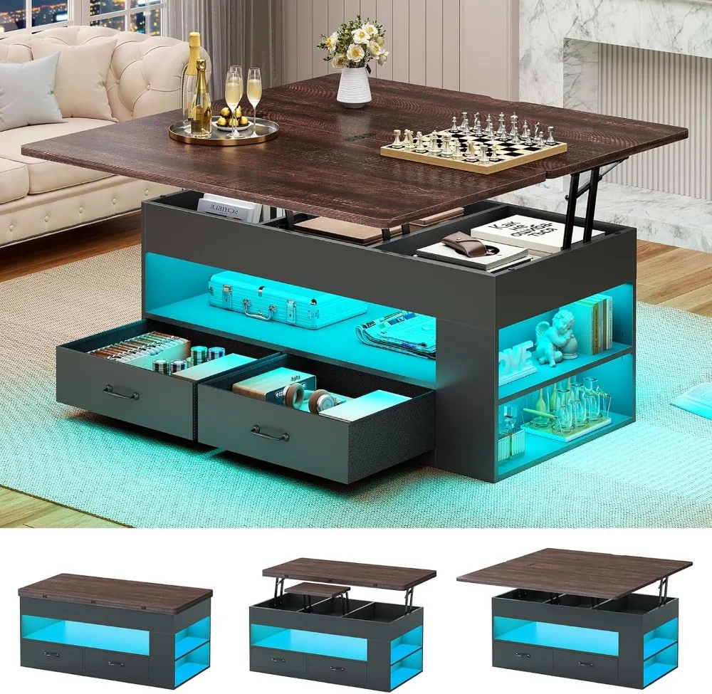 4-in-1 Lift Top Coffee Table with Storage, LED Lights & Hidden Compartment for Living Room, Black