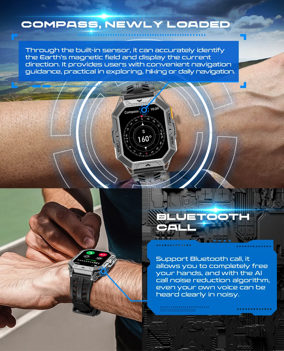 MISIRUN Smart Watch 1000mAh Battery 2.13 Inch AMOLED Screen Men Watch Compass 1ATM Waterproof Bluetooth Call Sports Smartwatch 4