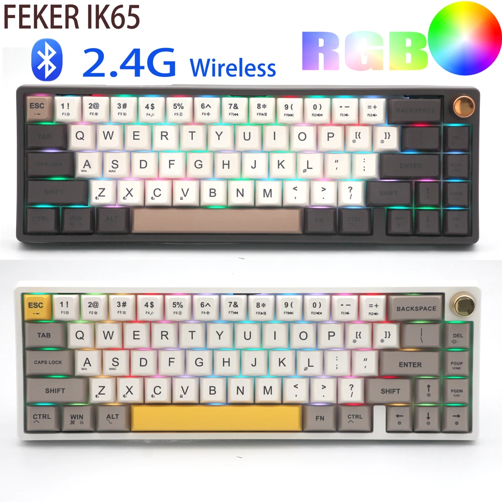 

Wireless Mechanical Keyboard Bluetooth 2.4G Feker IK65 VIA Matcha Switch Hot Swap Gasket PBT Keycaps RGB Lighting Knob Keyboard