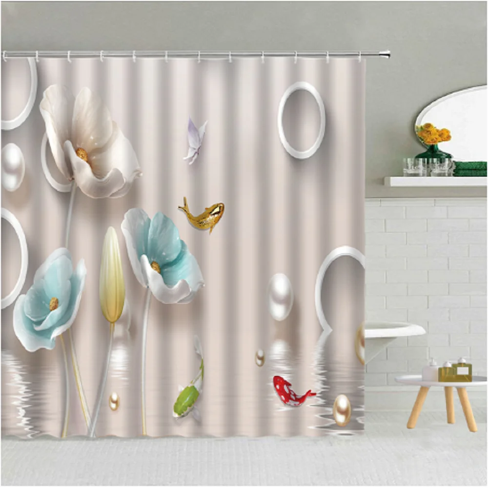 

Pearl Diamond Flower Shower Curtain Butterfly Jewelry Luxury Bathroom Decor Bath Screen Women Waterproof Fabric Hooks Curtains