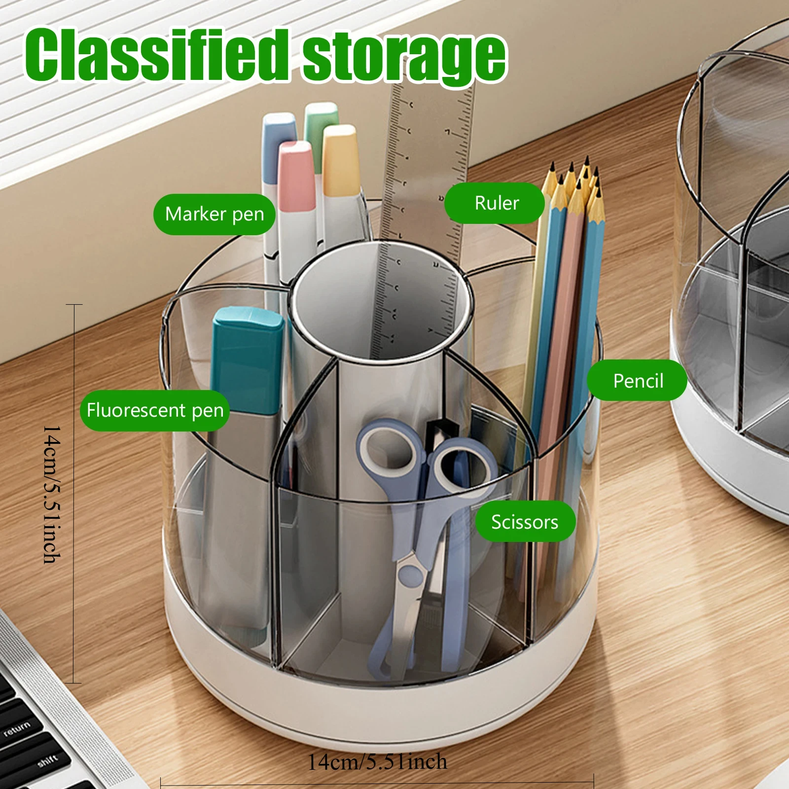 360° Rotating Pencil Organizer Large Capacity Round Desktop Storage Holder with 6 Compartments Cosmetic Brush Organizer 3