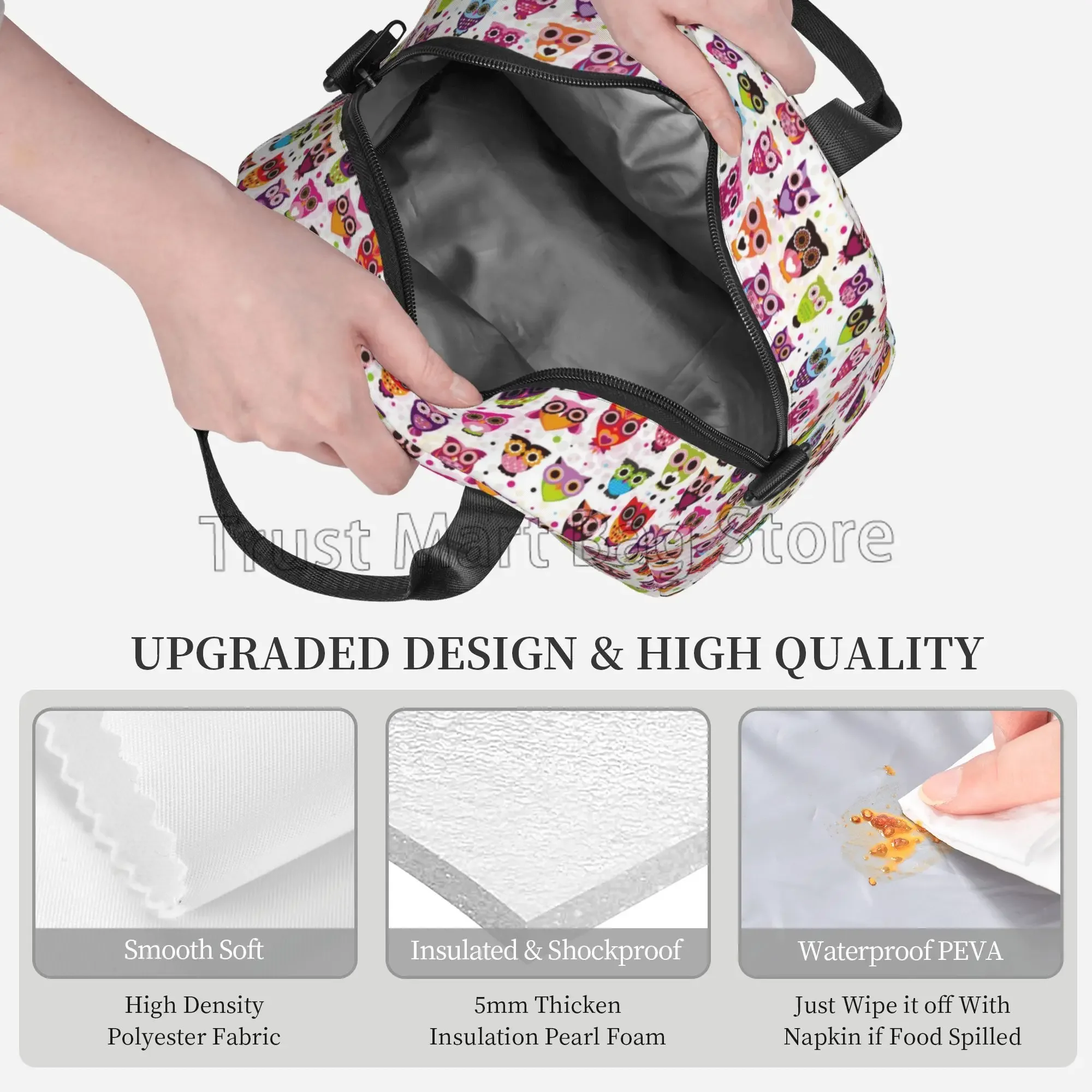 Cute Owl Reusable Insulated Lunch Tote Bag for Women Polka Dot Cooler Bag Lunch Box Container with Adjustable Shoulder Strap