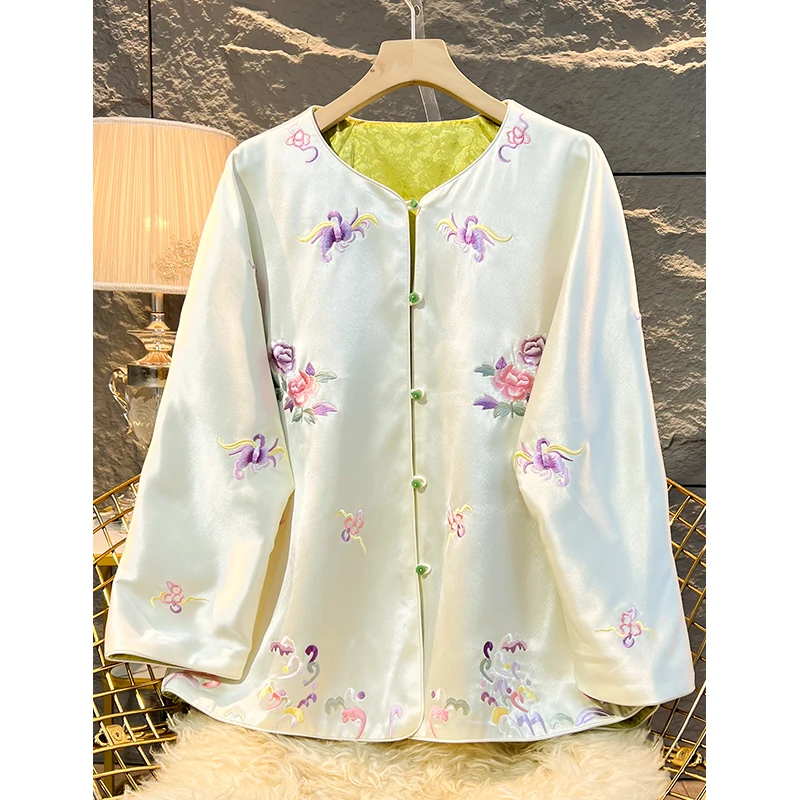 

High-end Spring Satin Acetate Women Jacket Top Embroidery Reversible Tang Suit Elegant Lady Coat Female S-XXL