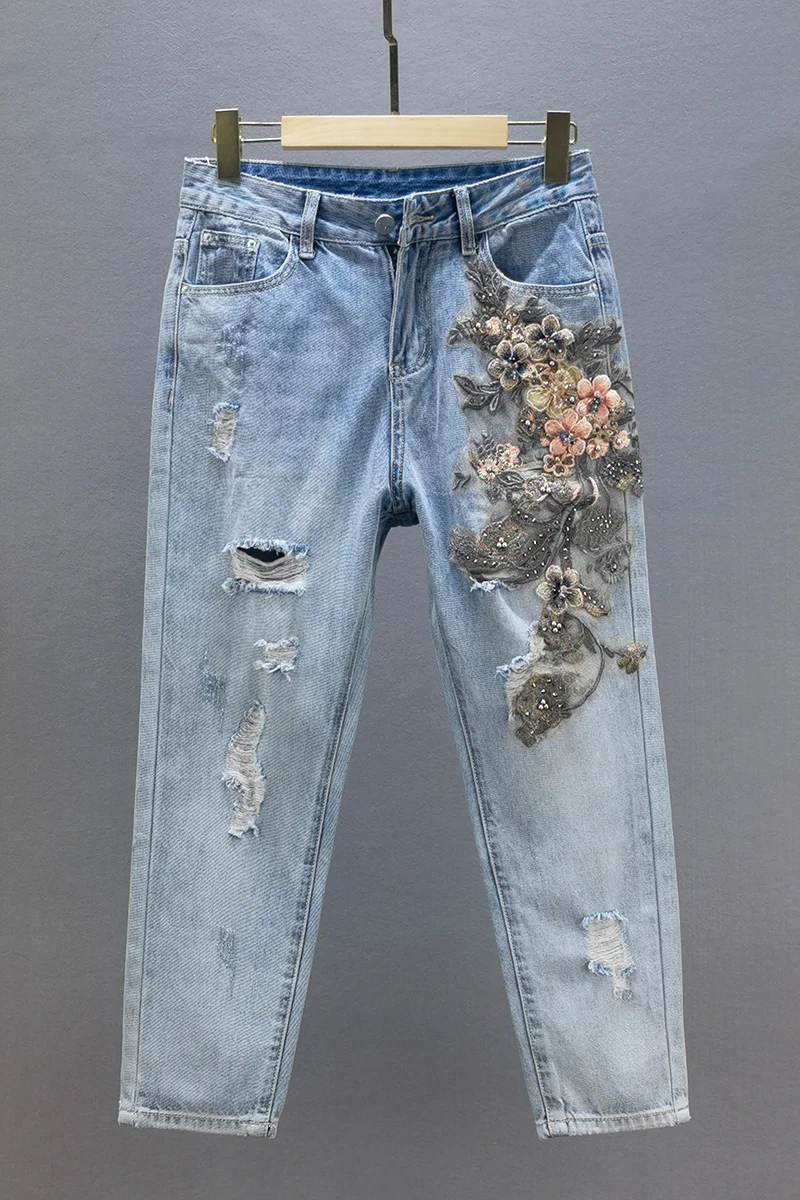 Pantalones vaqueros bordados de étnico para mujer, recortados de Vaqueros cintura alta, sueltos, adelgazantes, rasgados con cuentas, novedad de primavera otoño 2022|Pantalones vaqueros| -