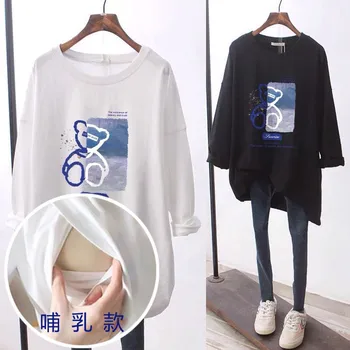 Pregnant Woman Cartoon Bear nursing clothes long-sleeved T-Shirt Breastfeeding Top Cotton Maternity Clothes Maternity Nursing
