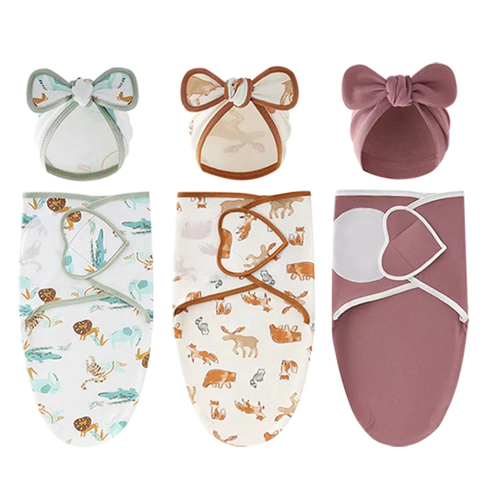 Set di cappelli per coperte per bambini Set di fasce per neonato in cotone stampato a fumetti Fasciatoio per neonato regolabile per tutte le stagioni 0-6 mesi - immagine 2