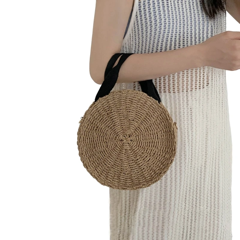 Women Knitted Crossbody Bag Small Round Bag Female Beach Bag Straw Shoulder Bag E74B