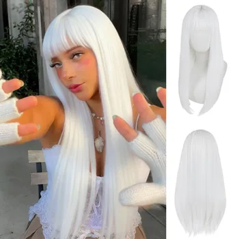 Parrucca diritta bianca lunga per capelli sintetici per donna Parrucca cosplay con frangia Parrucche resistenti al calore Festa quotidiana Natale Drag Queen