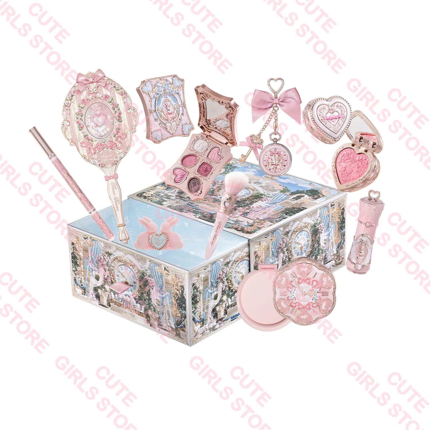 Flower Knows Bunny Garden All-in-One Makeup Set:New Pink Shoulder Bag Cushion Eyeshadow Palette, Lip Gloss, Blush, Cosmetic Kit