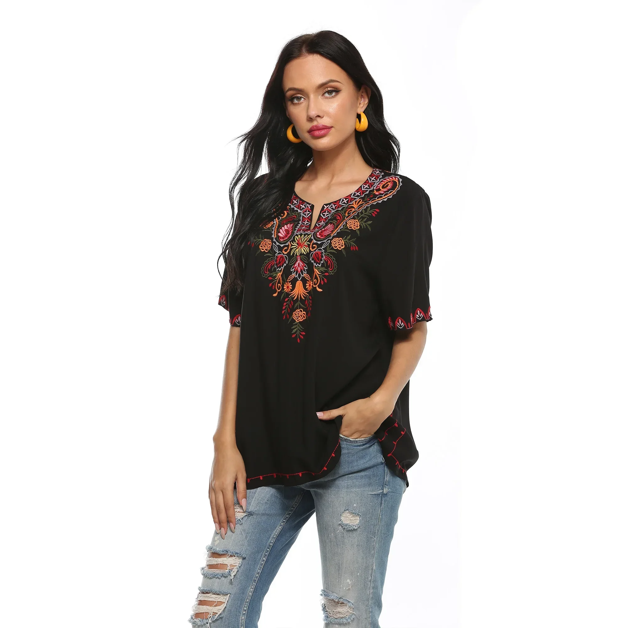 2024 New Women's Embroidered Shirt Short sleeved V-neck Bohemian Printed Casual Summer Top