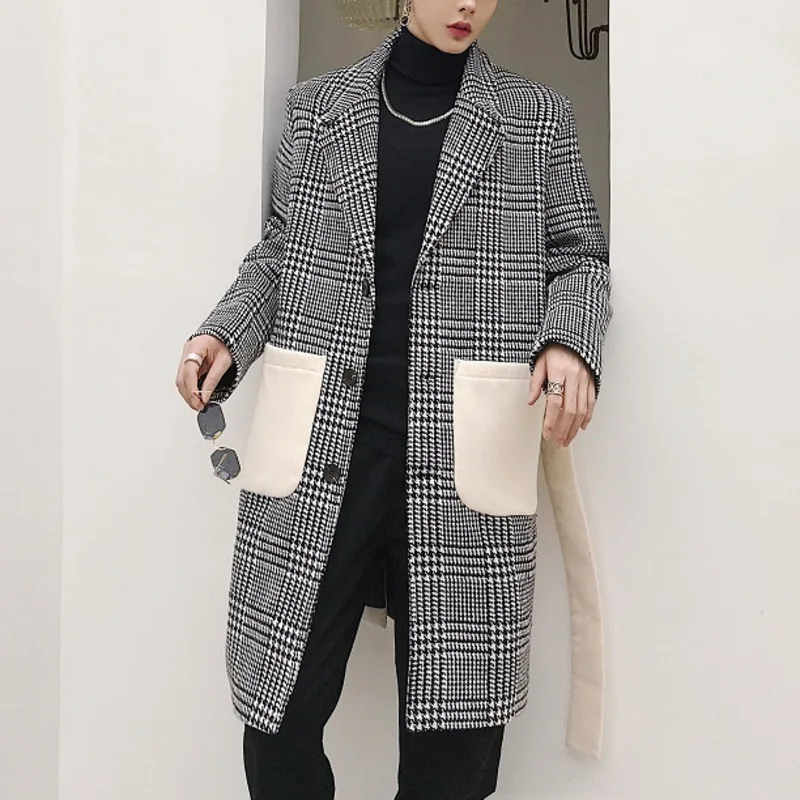 Men's Thousand Bird Plaid Long Woolen Coats Patchwork Lapel Long Sleeve Streetwear Autumn Winter Fashion Casual Thick Trench