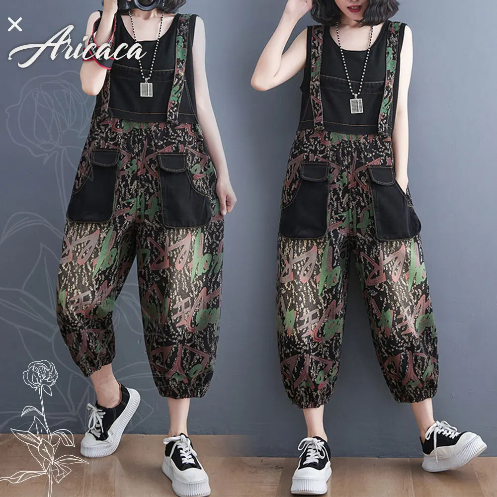 

Aricaca Women Loose Oversized Denim Jumpsuit Playsuit Lady Buttons Rompers Spliced Overalls