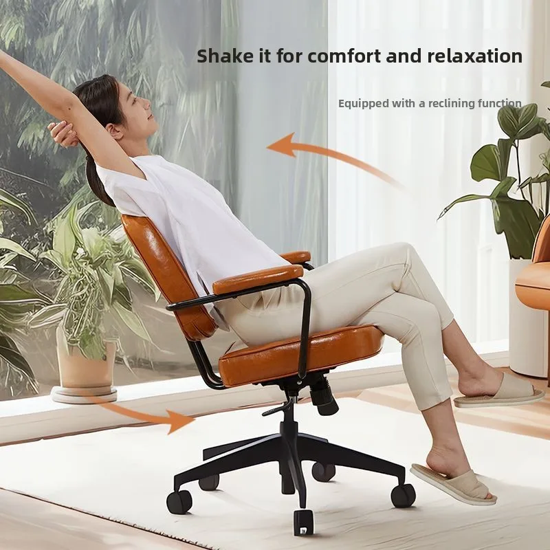 Vintage Leather Office Chair Ergonomic Bedroom Computer Comfortable Long Sitting Desk with Backrest Home Study Seat Retro Design