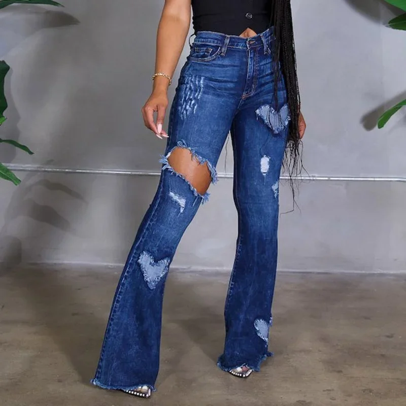 Heart-shaped Flared Pants Mom Jeans Retro Blue Cute Flared Long Jeans New Women's Fashion Ripped High Waist Casual Jeans Pants adagirl kawaii star print wide leg jeans women cute straight long denimtrousers korean blue casual hollow out design bottoms new