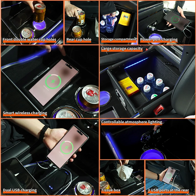 QSULNN Console Centrale Améliorée Avec 7 Couleurs De Lumières LED Et Station De Charge USB Compatible Avec VW T4 T5 T6 T7 T6.1 2003-2019, Plaque Acrylique Boîte De Rangement En Cuir Noir