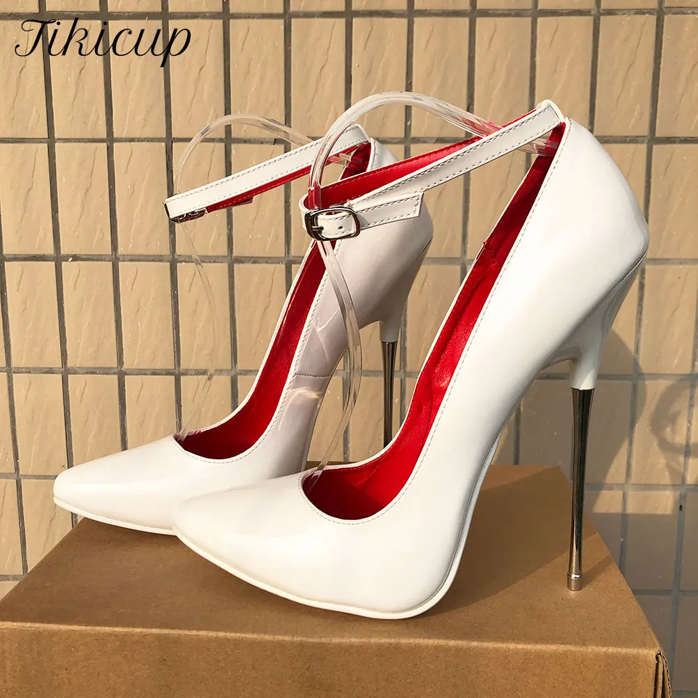 

Tikicup 16cm Super High Metal Heel Women Plain Glossy White Stiletto Pumps Ankle Buckle Sexy Crossdress Drag Queen Shoes 35-46