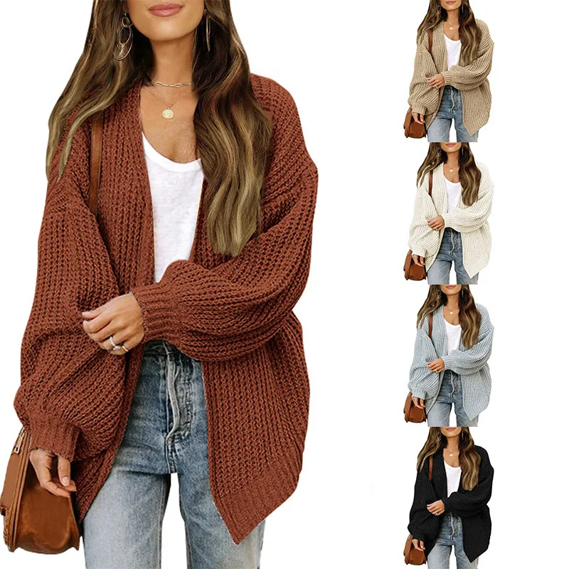 

Winter Women's Fashion Casual Lantern Sleeve Sweater Women's Coat Daily Street Coarse Wool Line Pocket Knitted Cardigan