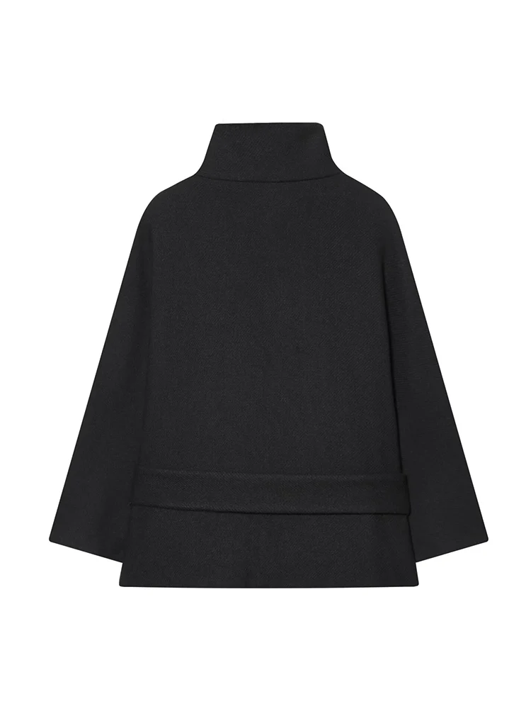  New Warm Short Cape Coats For Women Elegant High Street Solid Belt Coats Autumn Winter Fashion OL Commuting Cloak Jacket