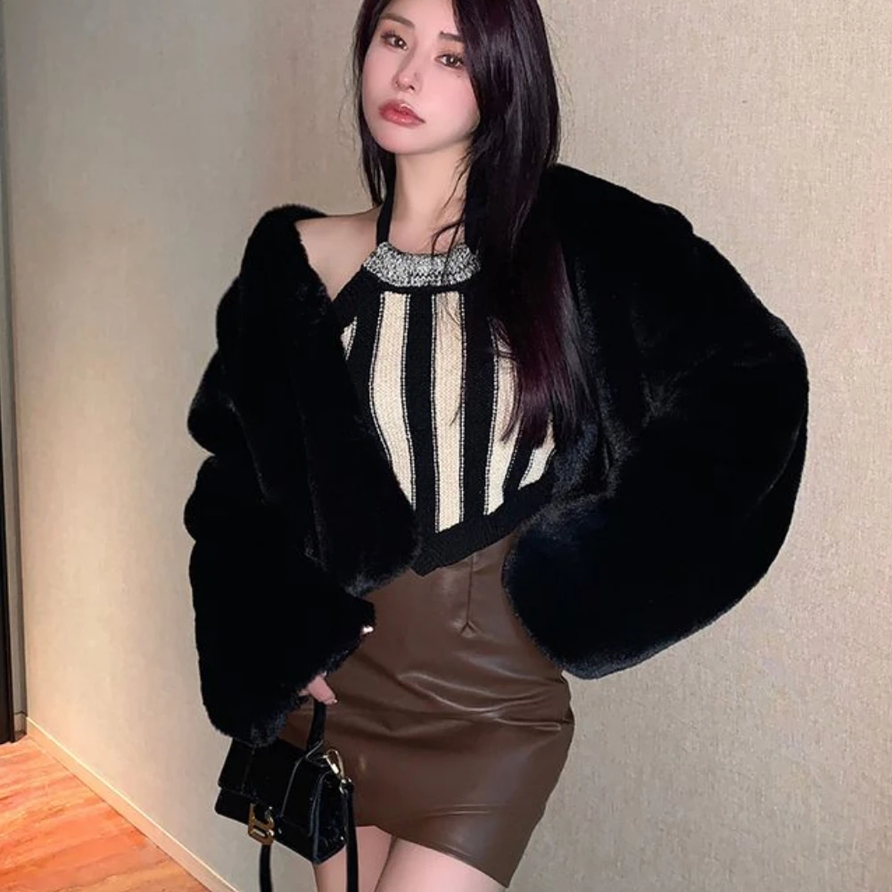 Winter Korean Chic Faux Fox Fur Coat Women Cropped Jacket Solid Cardigan Short Outerwear Y2k Evening Party Gowns Long Sleeve