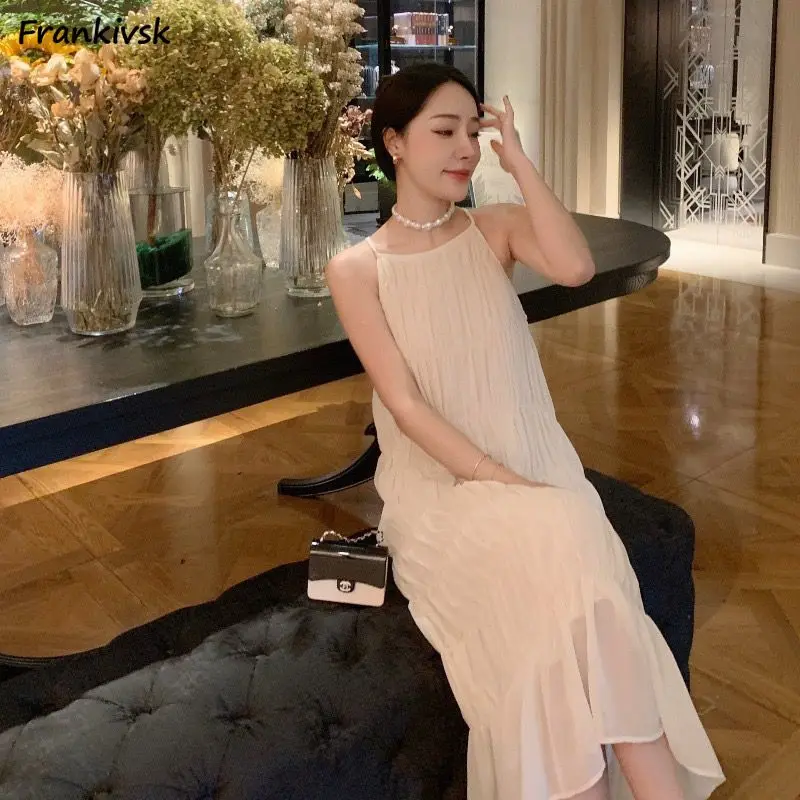 

Summer Suspenders Dresses Women Advanced French Style Elegant Midi Fashion Gentle All-match Streetwear Sleeveless Office Lady