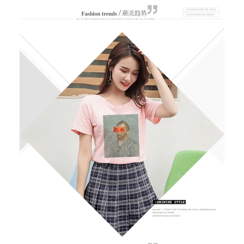 Sommer neue 2019 Harajuku Vintage T-Shirt van Gogh van Goghing Van weg Meme lustige Ästhetik T-Shirt niedlichen Druck Frauen Tops – Detail 4