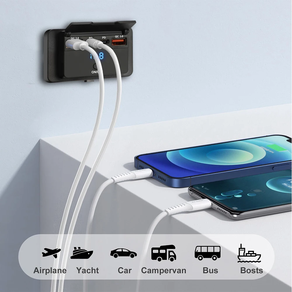 รูปสินค้า 4 พอร์ตชาร์จไฟเร็ว PD+QC3.0 สำหรับรถยนต์และเรือ