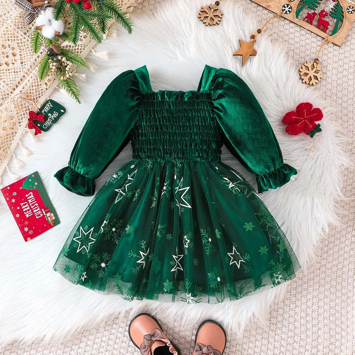 Christmas Day Baby Childrens Clothing 0-5 Y Trendy Girls Puffy Sleeve Dress Patchwork Mesh Snowflakes Dresses
