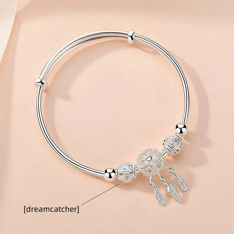 Silver Plated Bracelet Leaf Bracelet Silver Bracelet 1pcs Copper Alloy Ladies Cold Wind Dreamcatcher Leaves Tassel Turn Beads Jewelry