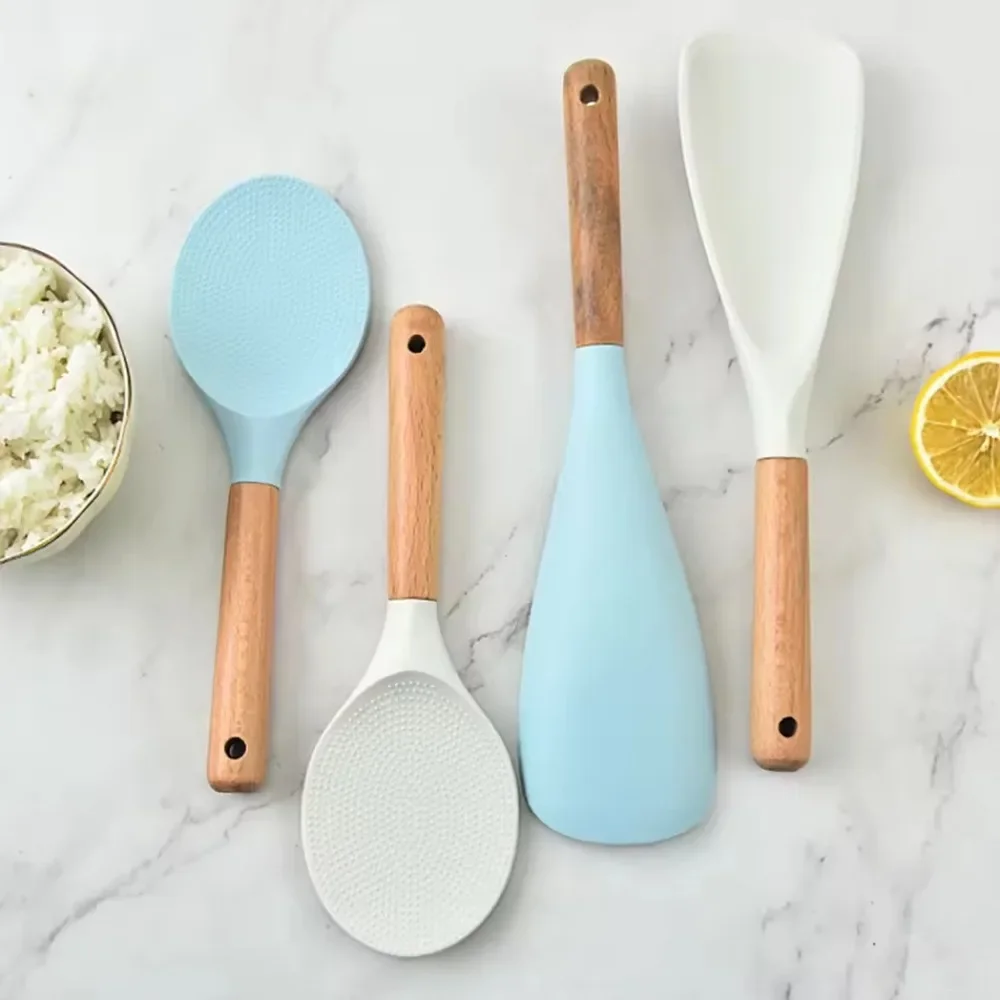 Silicone Rice Shovel Spoon Kitchenware with Long Wooden Handle Household Non-stick Big Cooking Spatula Scoop Kitchen Gadgets