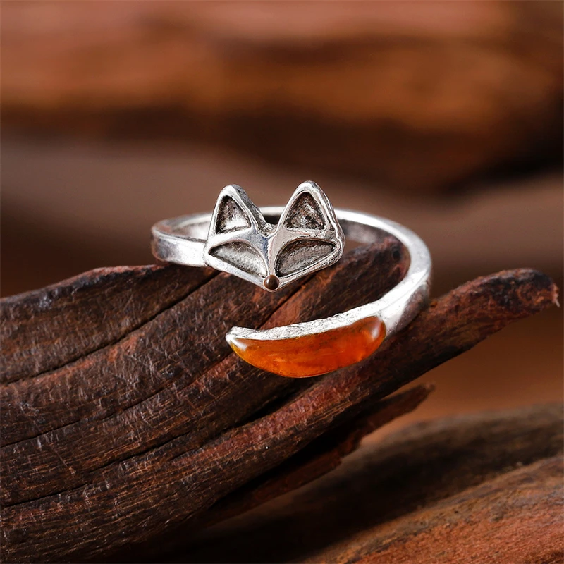 Niedlicher offener verstellbarer Fuchs-Ring, versilbert, Tiermotiv, Geschenk für Frauen, beste Freunde, Geburtstag, Weihnachten, Vintage-Schmuck