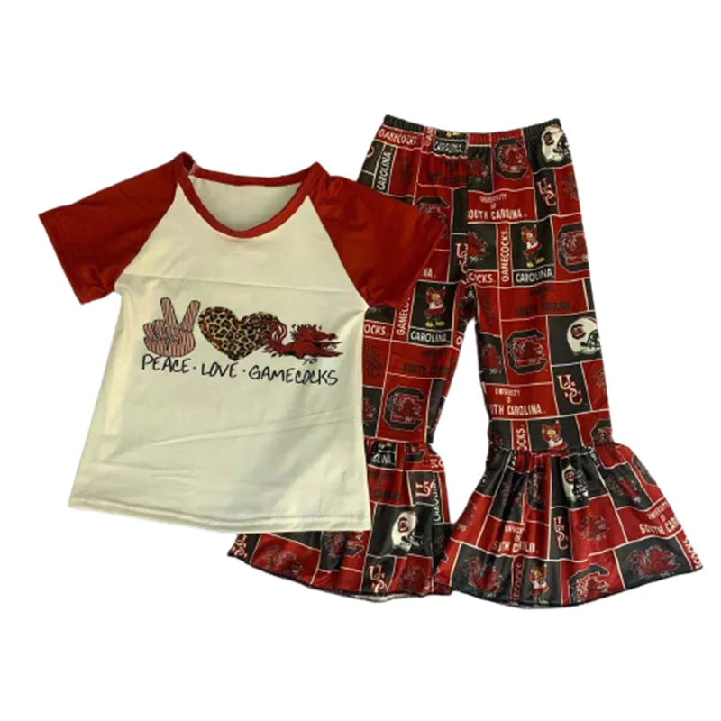 

Baby Girls Team Pattern Short Sleeves Top Bell Bottom Red Pants Children Clothing Sets