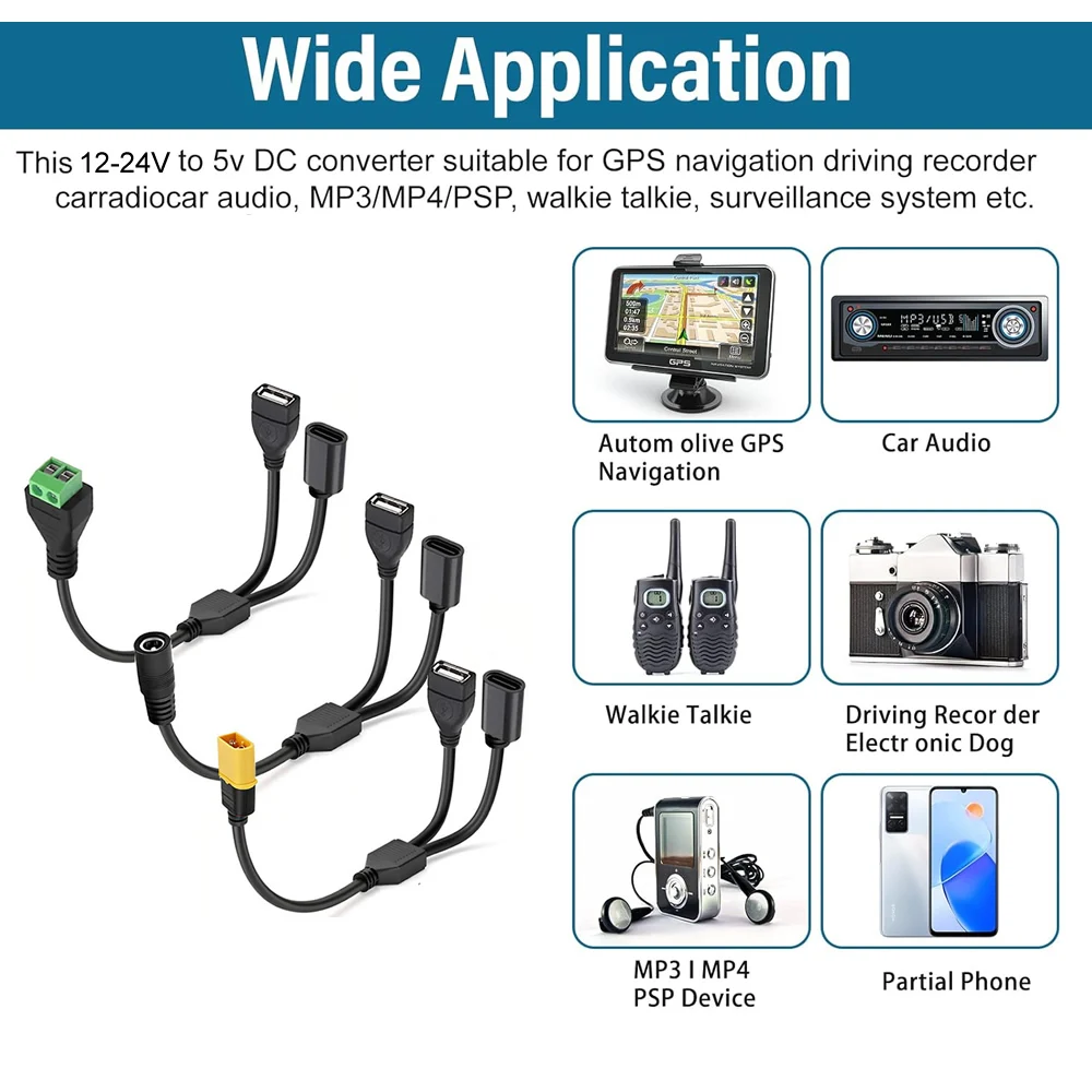 12V 24V를 5V 3A로 변환하는 DC 스텝다운 벅 컨버터 전원 공급 모듈, 2핀 DC-DC XT60-USB/타입-C 스텝다운 어댑터 충전 케이블