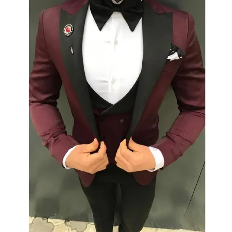 Costume Homme Grey Wedding Men Suits Black Peak Lapel Groom Prom Party Terno Masculino Slim Fit Blazer 3 Pcs Jacket+Pant+Vest