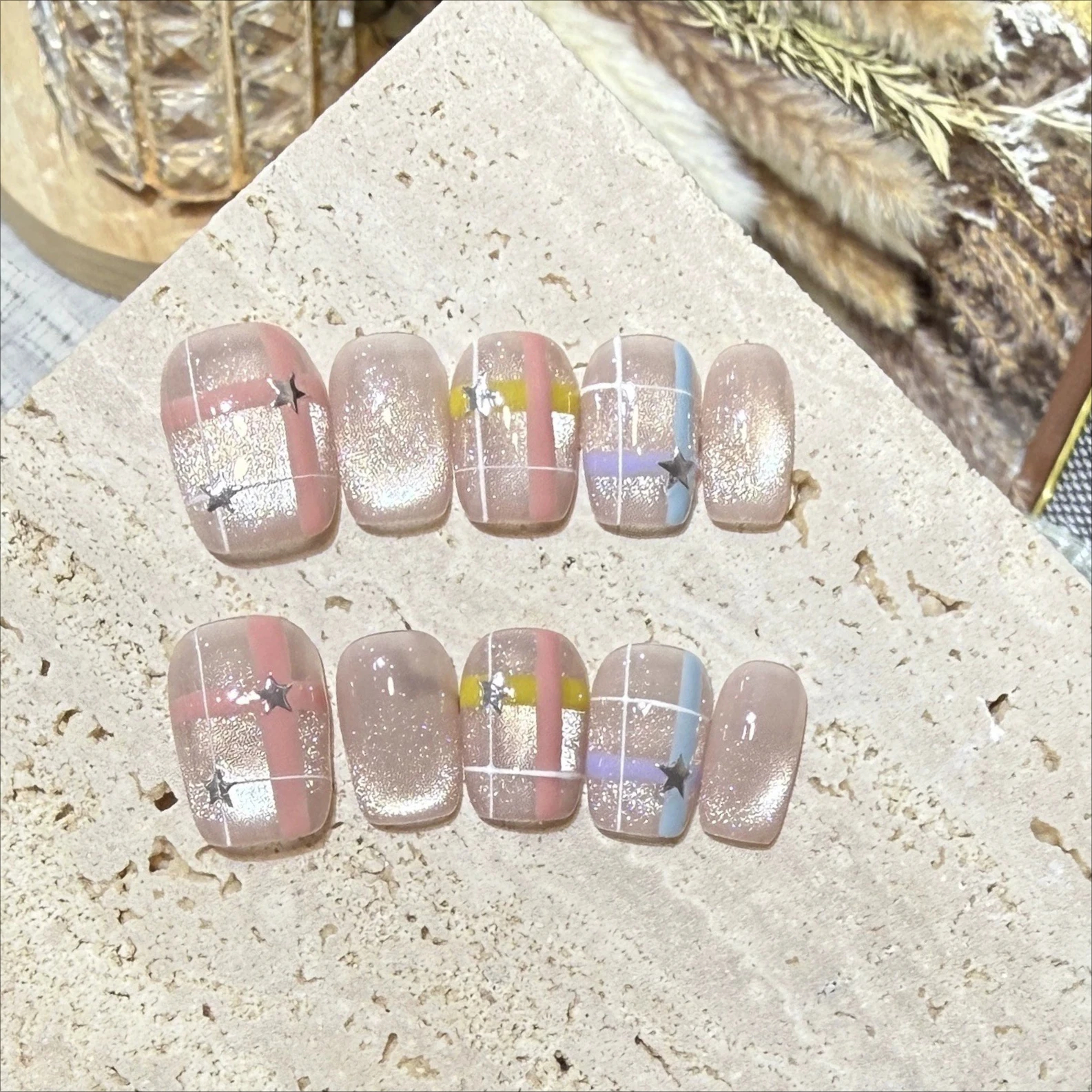 10개/세트 캣아이 스퀘어 핸드메이드 프레스온 네일 스타 패턴 가짜 손톱 착용 ..