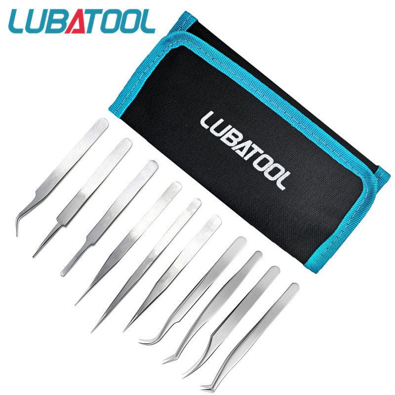 9/10 Pcs Hand Work Stainless Steel Tweezers Set Bag Electronic Mobile Phone Watch Repair Tools Hands Installation Work Tweezers