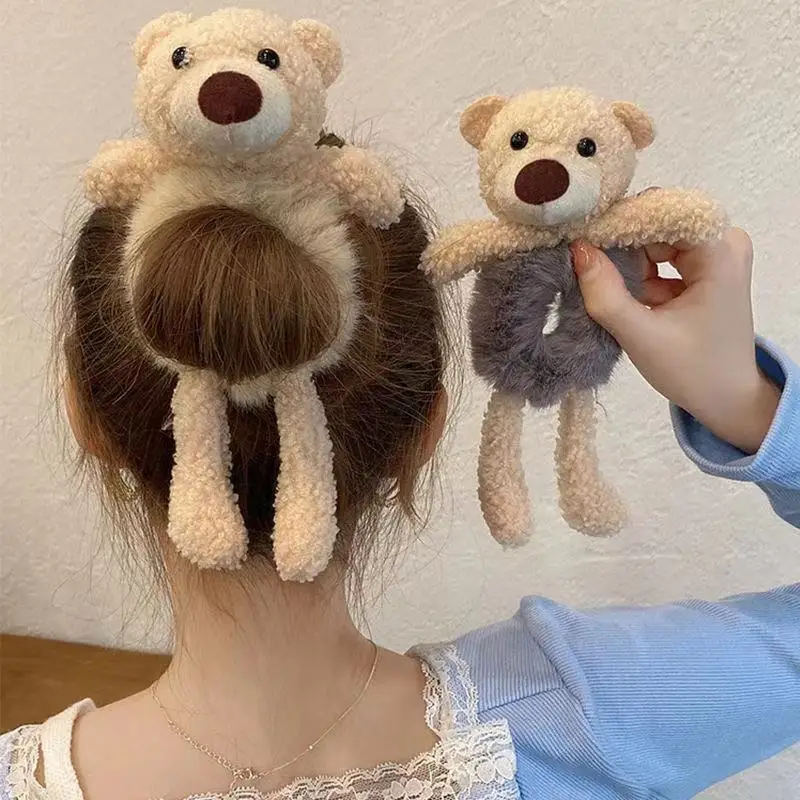 Cute Cartoon Bear Rubber Band for Girls Plush Ponytail Rabbit Hair Tie Elastic Hair Ring Headwear Girls Kids Hair Accessories