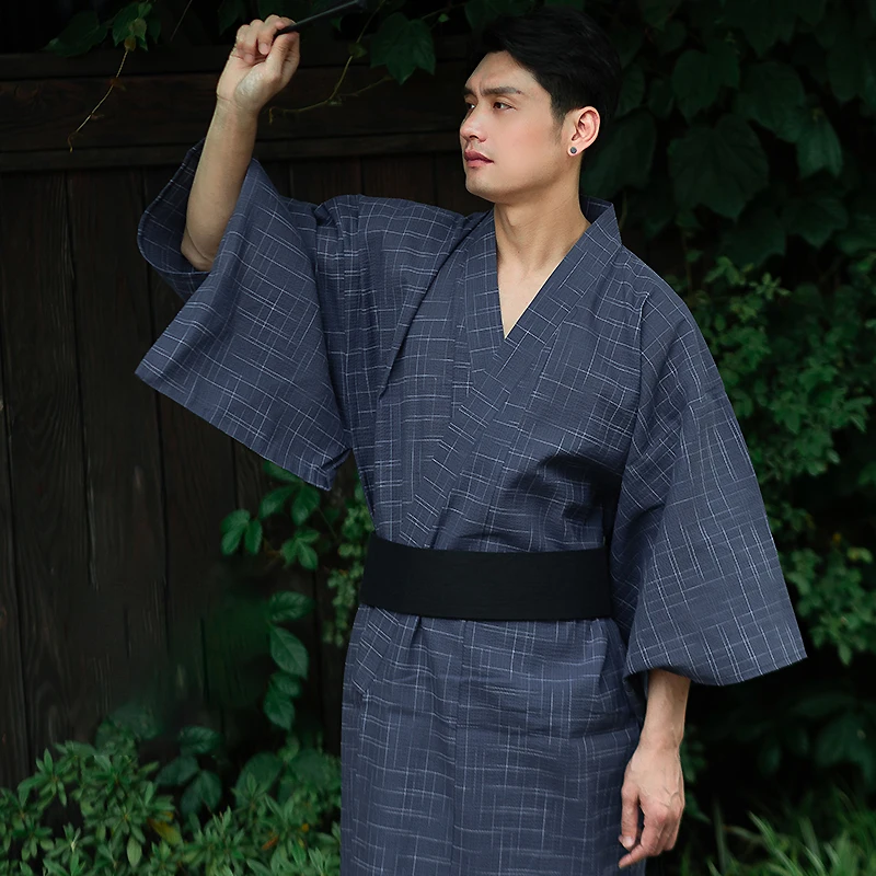 Traditional Japanese Kimono Samurai Costume Yukata Summer Men Long Robes With Belt Cotton Pajamas Set Male Sleepwear Bathrobe